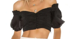 L'Academie Black Puff Sleeve Ruched Crop Top